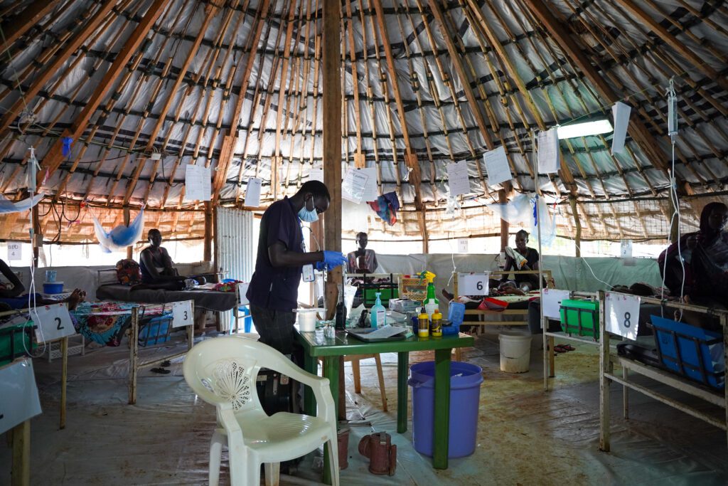 Measles patients receiving treatment in an isolation ward in the MSF hospital in Bentiu IDP camp in Unity state.